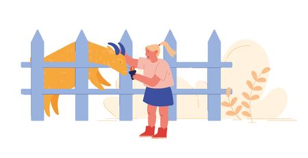 Cheerful Kid Feeding Cute Goat in Wooden Cage at Outdoor Farm Zoo. Child Character Spend Time in Animal Petting Park on Weekend. Leisure, Spare Time, Summer Time Vacation. Cartoon Vector Illustrationのイラスト素材