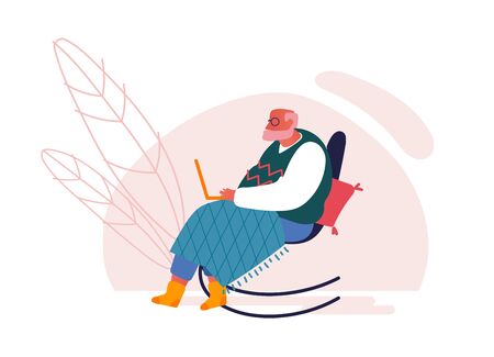 Senior Man Study to Use Computer in Home Interior. Aged Male Character Sitting at Rocking Chair with Laptop Looking on Screen Gaining Education of New Technology, Chatting. Cartoon Vector Illustrationのイラスト素材