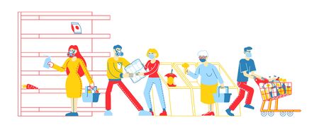 Doomsday Panic and Coronavirus Pandemic Chaos. Male and Female Characters Crazily Buying Goods from Supermarket Shelves, Fighting for Toilet Paper. Covid-19 Outbreak. Linear People Vector Illustrationのイラスト素材