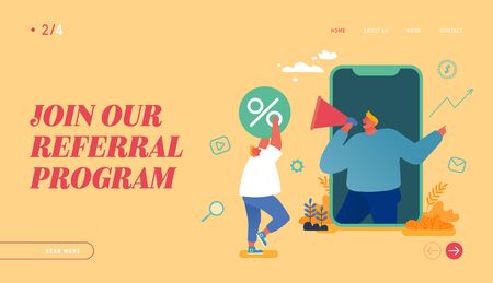 Characters Referral Program Strategy, Network Marketing Landing Page Template. Businessman with Loudspeakerのイラスト素材