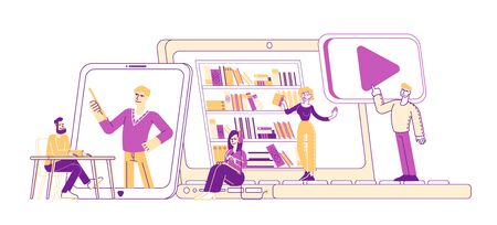 Online Library Concept. People Reading E-books and Study at School Using E-library. Tiny Characters at Huge Laptop Screen with Bookshelves with Media Books Internet Archive. Linear Vector Illustrationのイラスト素材