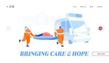 Ambulance Medical Staff Service Occupation Landing Page Template. Medics Transporting Patient to Hospital. Emergency Paramedic Doctor Characters and Health Care Car. Cartoon People Vector Illustrationのイラスト素材