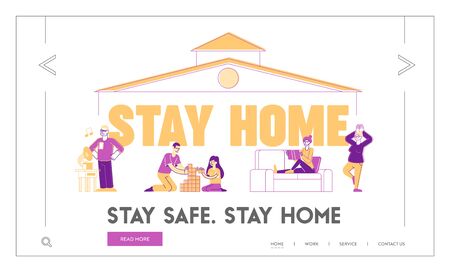 Stay Home, Self Isolation Landing Page Template. Characters Sitting under House Roof Engaging Various Hobby Activities Reading, Playing with Kids, Yoga Exercising. Linear People Vector Illustrationのイラスト素材