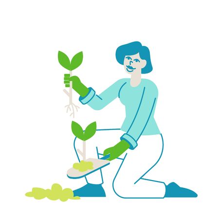 Young Woman Gardener or Florist Character Working in Botanical Garden or Home Backyard Terrace Orangery Planting Flowers or Veggies. Female Enjoying Plants Gardening Hobby. Linear Vector Illustrationのイラスト素材
