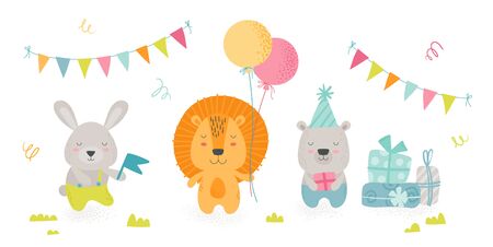 Cute Scandinavian Boho Style Teddy Animals Celebrate Happy Birthday Party. Kawaii Rabbit, Lion and Bear Holding Holidays Equipment Balloons, Gifts and Flag, Kids Design. Cartoon Vector Illustrationのイラスト素材