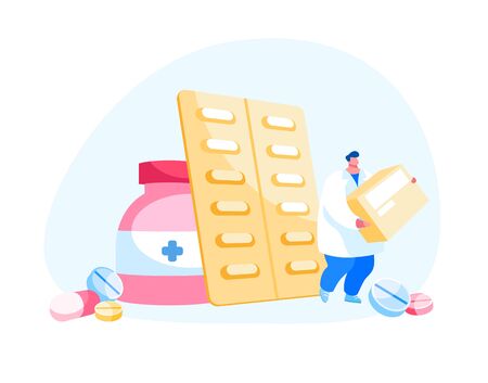 Health Care and Medicine Drugs Industry Concept. Tiny Pharmacist Male Character Hold Huge t Box with Medication in Pharmacy or Drugstore. Chemist with Remedy Carton Pack. Cartoon Vector Illustrationのイラスト素材