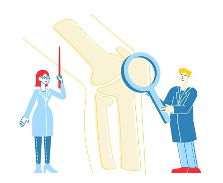 Orthopedics Healthcare Concept. Doctor Orthopedist Character Pointing on Huge Leg Bone, Nurse with Magnifying Glass. Colleagues Specialist Medical Hospital Concilium. Linear People Vector Illustrationのイラスト素材