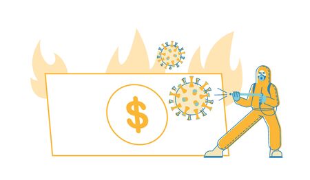 Global Economic Crisis Due to Covid19 Worldwide Pandemic. Trade Markets and Finance Decrease. Human Character in Protective Suit Spraying Disinfectant on Huge Virus Cell. Linear Vector Illustrationのイラスト素材