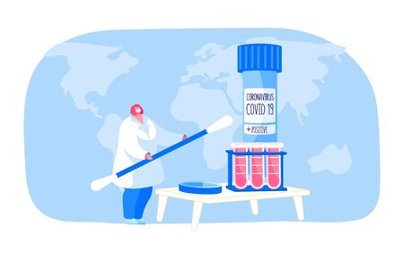 Covid19 Diagnostics. Doctor Character Wearing Antiviral Protective Mask Holding Huge Swab for Making Nasal Testのイラスト素材