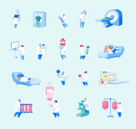 Hospital Healthcare Staff Set. Male Female Doctors, Nurses Characters with Medical Stuff and Equipment Isolated on White Background. Medicine Profession, Occupation. Cartoon People Vector Illustrationのイラスト素材