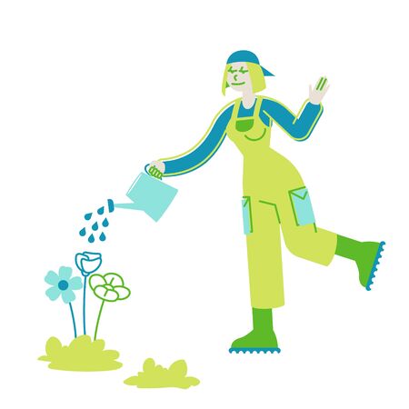 Horticulture, Olericulture Hobby Concept. Happy Girl Gardening at House yard or in Greenhouse Watering Plants from Canのイラスト素材