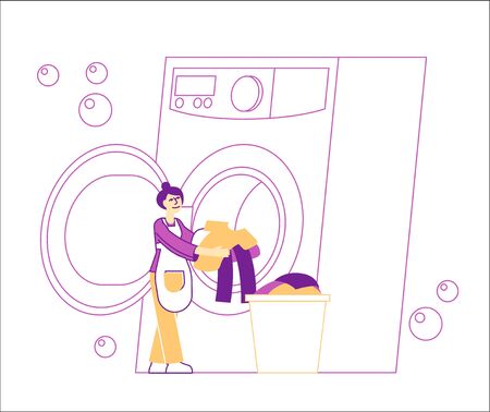 Industrial or Domestic Launderette Washing, Cleaning Service. Female Character in Public Laundry Laying Clean Clothesのイラスト素材