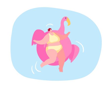 Relaxed Female Character Enjoying Summer Time Vacation Floating on Inflatable Flamingo Mattress Take Sun Bath and Tan on Resort. Hotel Relax in Swimming Pool, Ocean or Sea. Cartoon Vector Illustrationのイラスト素材