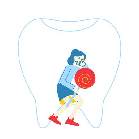 Little Girl with Lollipop Holding Cheek Feeling Terrible Pain in Tooth or Gum.Female Character Suffering of Toothache. Caries in Oral Cavity, Tooth Ache, Dentistry Concept. Linear Vector Illustrationのイラスト素材
