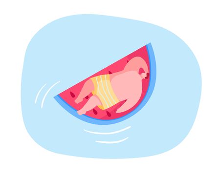 Male Character Floating on Inflatable Mattress in Shape of Watermelon Piece Enjoying Summer Time Vacation. Resort or Hotel Summertime Relax in Swimming Pool, Ocean or Sea. Cartoon Vector Illustrationのイラスト素材