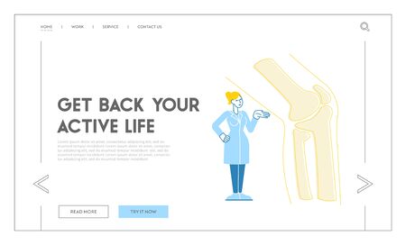 Orthopedics and Podiatry Medical Healthcare Landing Page Template. Doctor Orthopedist Character Stand at Huge Foot with Knee Joint X-ray. Patient Treatment in Hospital. Linear Vector Illustrationのイラスト素材