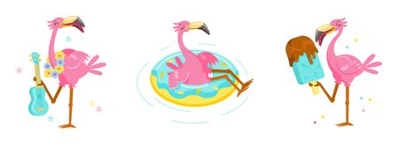 Set of Pink Flamingo Play Ukulele, Float Inflatable Ring and Eating Ice Cream. Cartoon Character Summer Vacation. Kawaii Personage Activity and Spare Time. Cute Bird T-shirt Print. Vector Illustrationのイラスト素材