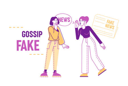 Fake News Concept. Women Characters Telling Gossips and Scandal Tales to Each Other on Street. People Spreading Wrong Scandalize Information, Mass Media False Info. Linear People Vector Illustrationのイラスト素材