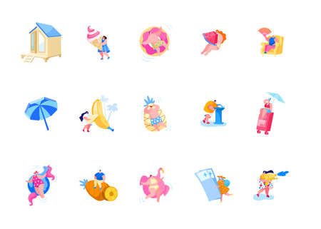Set of Male and Female Characters on Summer Vacation Eating Ice Cream, Float on Inflatable Ring and Eating Fruits. People Packing Baggage, Buying Tickets, Relax on Resort. Cartoon Vector Illustrationのイラスト素材