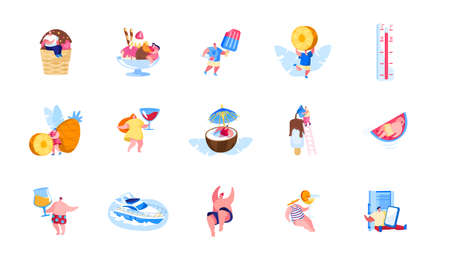Set of Male and Female Characters Enjoying Summer Vacation and Holidays Recreation Eating Ice Cream, Relax on Yacht in Ocean, Eat Fruits and Drink Alcohol Beverages. Cartoon People Vector Illustrationのイラスト素材
