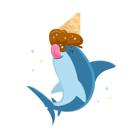 Cute Shark Character Licking Melted Ice Cream Cone Lying on its Head with Sprinkles around. T-shirt Print, Funny Underwater Predator Animal Isolated on White Background. Cartoon Vector Illustrationのイラスト素材