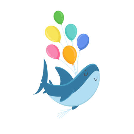 Cute Shark Character Holding Bunch of Colorful Balloons Isolated on White Background. T-shirt Print, Funny Underwater Predator Animal Happy Birthday Greeting, Celebration. Cartoon Vector Illustrationのイラスト素材