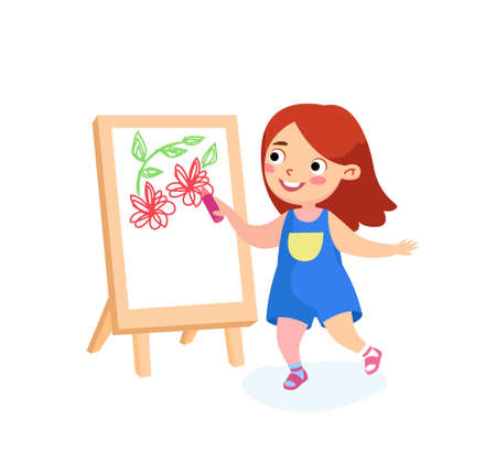 Happy Child Character Painting on Easel. Girl Drawing Flowers on Canvas or Paper. International Kids or Peace Day Holidays, Back to School, Childhood, Happiness Concept. Cartoon Vector Illustrationのイラスト素材