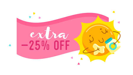 Extra Sale Banner with Cute Cartoon Sun Applying Cream for Tan. Kawaii Personage Take Sunbath on Summer Vacation. Summertime Activity and Spare Time, Store or Shop Discount Offer. Vector Illustrationのイラスト素材