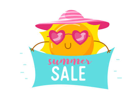 Summer Sale Banner with Cute Sun in Heart Shaped Sunglasses and Hat. Cartoon Kawaii Character Summertime Activity and Summertime Spare Time. Ad Poster Isolated on White Background. Vector Illustrationのイラスト素材