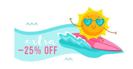 Extra Off Banner with Cute Cartoon Sun Character Wearing Heart Sunglasses Riding Surf Board. Summer Sale Poster with Kawaii Personage Summertime Activity and Spare Time, Discount. Vector Illustrationのイラスト素材
