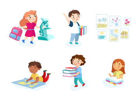 Back to School Set of Children with Studying Supplies, Microscope, Books and Backpacks. Students Characters Reading, Prepare to Exam, Learning Process in College. Cartoon People Vector Illustrationのイラスト素材