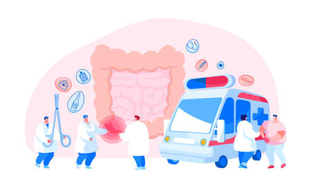 Appendicitis Disease Concept. Appendix Pain Emergency Ambulance Help, Surgery. Doctor and Surgeon Help Patient Character with Abdominal Pain in Intestines Symptoms. Cartoon People Vector Illustrationのイラスト素材
