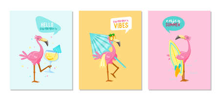 Set of Summer Vibes Banners with Cute Pink Flamingo Drink Cocktail, Carry Umbrella and Surf Board. Hello Summer Posters with Cartoon Character Vacation Activity and Spare Time. Vector Illustrationのイラスト素材