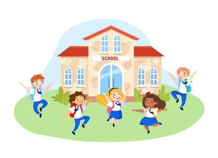 Happy Kids in School Uniform with Backpacks Jumping in School Yard. Schoolboys and Schoolgirls Characters Laughing, Waving Hands Greeting New Educational Year. Cartoon People Vector Illustrationのイラスト素材