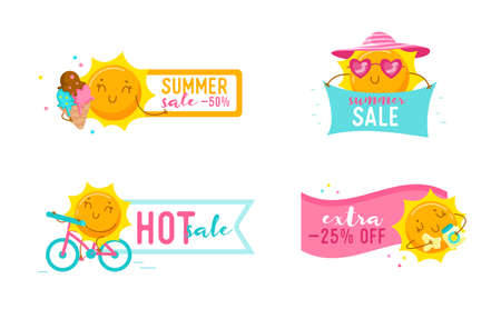 Set of Summer Sale Banners with Cute Cartoon Sun Characters. Kawaii Personage Hot Offer, Summertime Vacation Activity Ride Bike, Eat Ice Cream, Tan. Isolated Vector Illustration, Icons or Ad Postersのイラスト素材