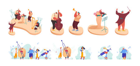 Set of Characters Orchestra Musicians Playing Concert in Music Hall. Sick Patients with Flu Visit Doctor in Hospitalのイラスト素材