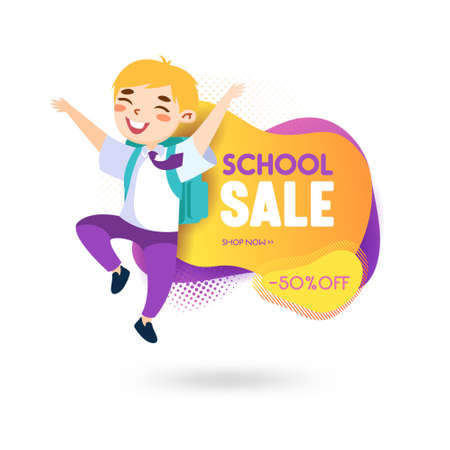 School Sale Discount Fair of Studying Supplies, Banner for Store or Online Shop. Cartoon Student Jump Promotional Offerのイラスト素材