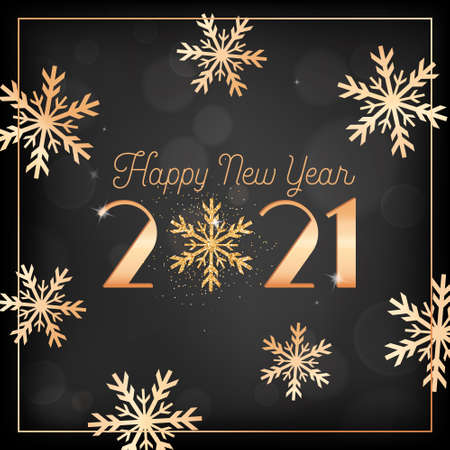 Happy New Year Card with Gold Snow Flakes and Glitter on Black Blurred Background with Golden Frame and 2021 Typographyのイラスト素材