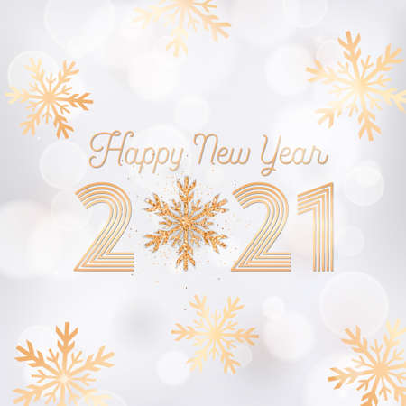 Happy New Year Card with Gold Snow Flakes and Glitter on Black Blurred Background with Golden Frame...