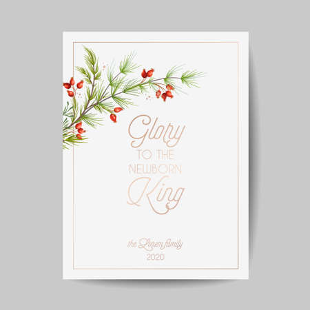 Elegant Merry Christmas and New Year 2021 Cards with Pine Branches, Holy Berry Wreast, Mistletoe, Winter floral designのイラスト素材