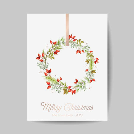 Elegant Merry Christmas and New Year 2021 Cards with Pine Branches, Holy Berry, Mistletoe, Winter floral plants designのイラスト素材