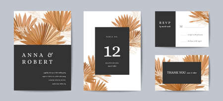Botanical wedding invitation card, vintage Save the Date dry palm, pampas grass template design...