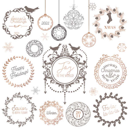 Christmas Winter Wreath, Vintage Calligraphic Design Elements and Page Decoration New Year, Swirls Frames for Invitation, Decoration, Scrapbook, Holiday Xmas Card Greetings. Vector Illustration Setのイラスト素材