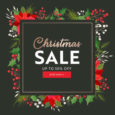 Floral Christmas Sale flyer, Winter Holiday Poinsettia flowers, Holly berries illustration bannerのイラスト素材