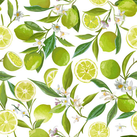 Lime Seamless Fruit  Pattern. Floral Citrus Illustration Background. Flowers, Leaves, Limes, Lemons...