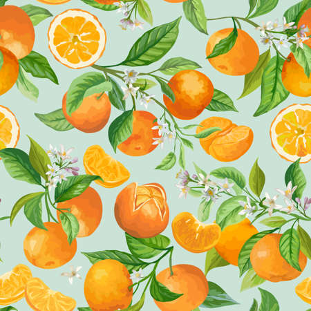 Seamless Mandarin Floral Pattern. Vector Fruit Background, Citrus Fruits, Flowers, Leaves, Orange...