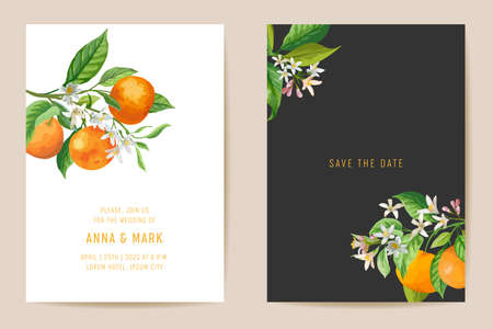 Wedding invitation card, vintage Save the Date mandarin, botanical citrus template design watercolor illustrationのイラスト素材