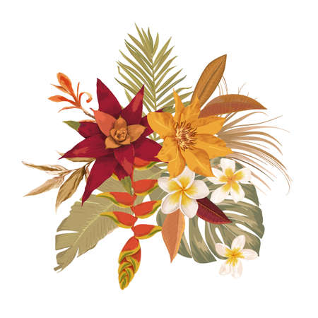 Boho tropical flowers bouquet, tropic leaves, vector boho floral elements on white background. Autumn blossomのイラスト素材