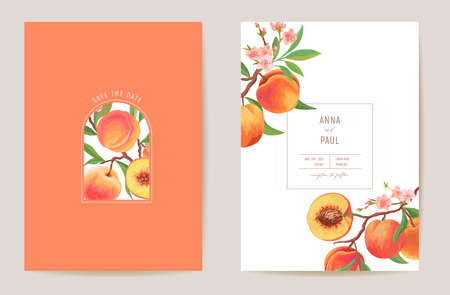 Wedding peach floral vector card, exotic fruits, flowers, leaves invitation. Watercolor template frameのイラスト素材