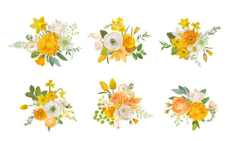 Spring flowers bouquets, yellow daffodil, rose, white fresia, eucalyptus, greenery, fern. Vector design elementsのイラスト素材